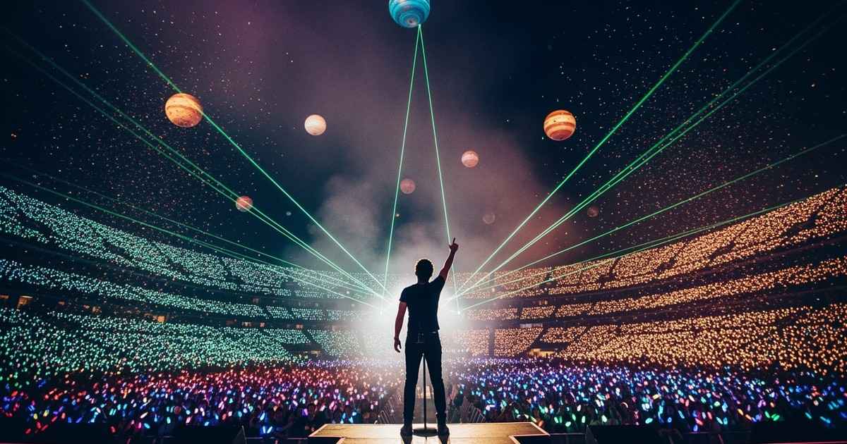 Cinematic concert photo from behind a silhouette of a singer facing a massive stadium crowd lit by millions of colorful LED w