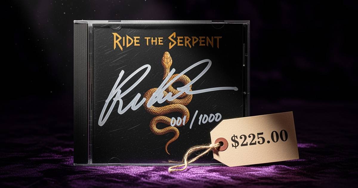 Close-up of a limited edition CD jewel case titled 'Ride The Serpent' resting on luxurious purple velvet, featuring a gold fo